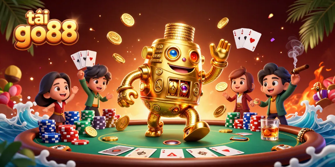Engage in the thrill of tải go88 with a captivating 3D casino scene showcasing a golden golem and poker elements.