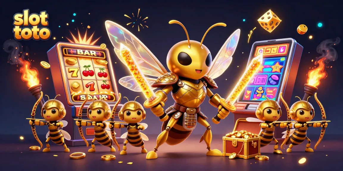 Engage with slot toto through this dynamic illustration of a golden hornet in samurai armor and bee archers amidst a jackpot explosion.