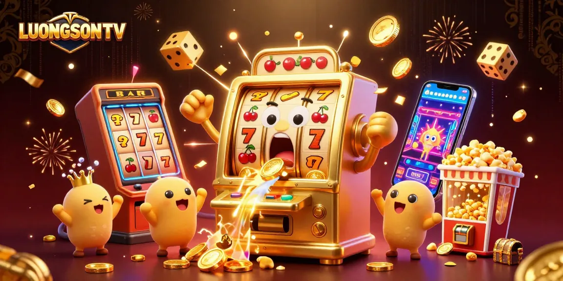 LUONGSONTV celebrates jackpot wins with lively golden slot machines and coin explosions.