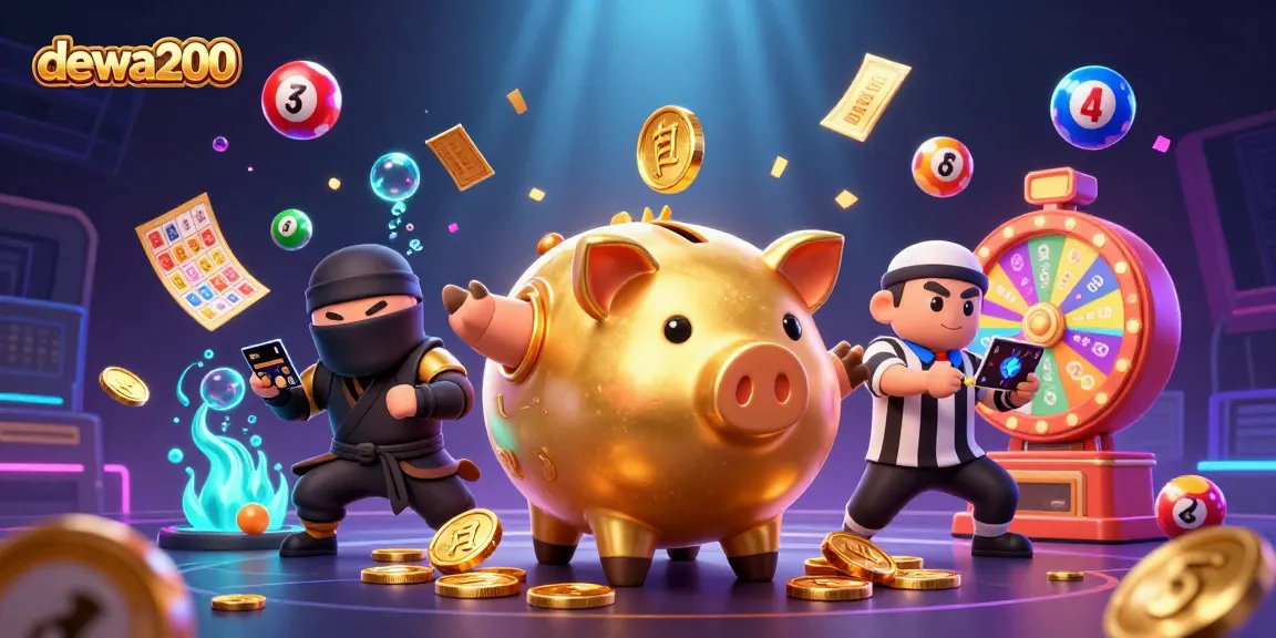 dewa200 menampilkan bank babi sumo emas yang mengguncang koin emas, dengan bingkai bermain lotere penuh aksi.