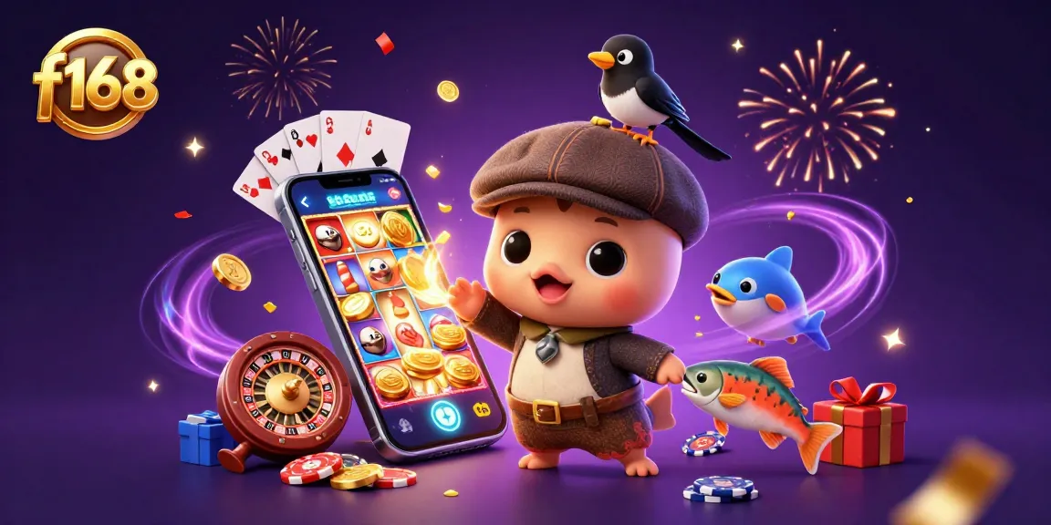 Engage with exciting games at f168, where playful characters interact with dynamic slot and casino elements.