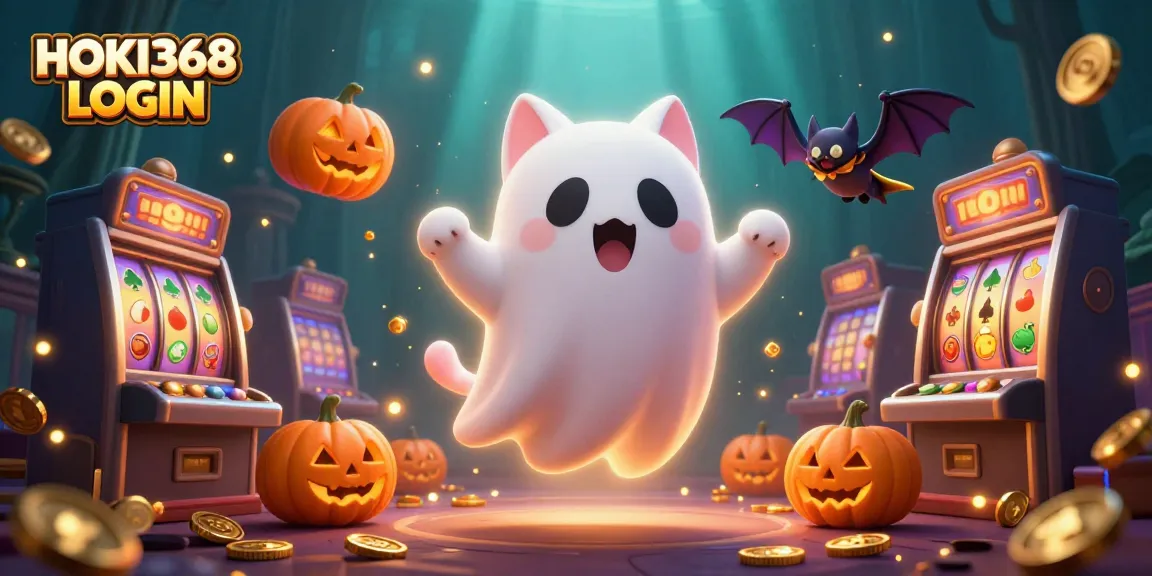 Experience thrilling jackpots with HOKI368 LOGIN as a ghost cat haunts a vibrant casino scene.