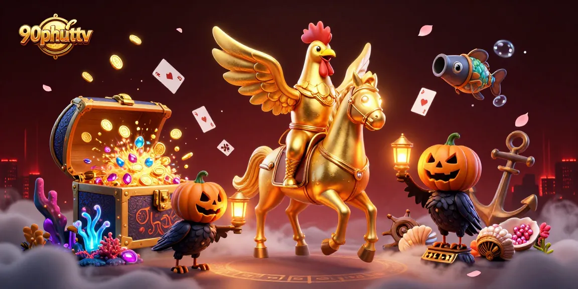 Immerse in 90phuttv's thrilling casino experience with a golden rooster leading in a dynamic gaming scene.