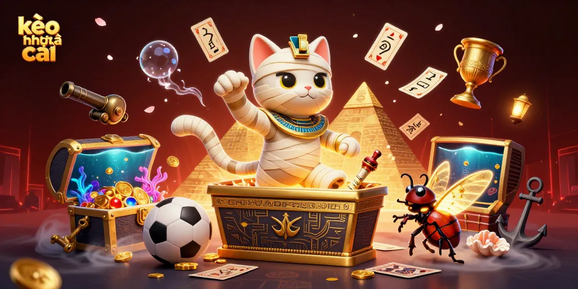 Experience kèo nhà cái action with a vibrant 3D illustration of a mummy cat and sports elements.