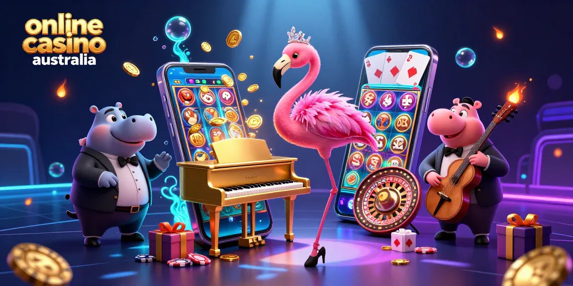 Experience the vibrant scene of an online casino Australia with a flamingo singer and hippo bassist, embodying casino excitement.