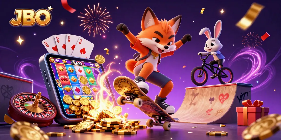 Experience vibrant gaming action with JBO as the skateboarder fox and BMX rabbit bring casino fun to life.