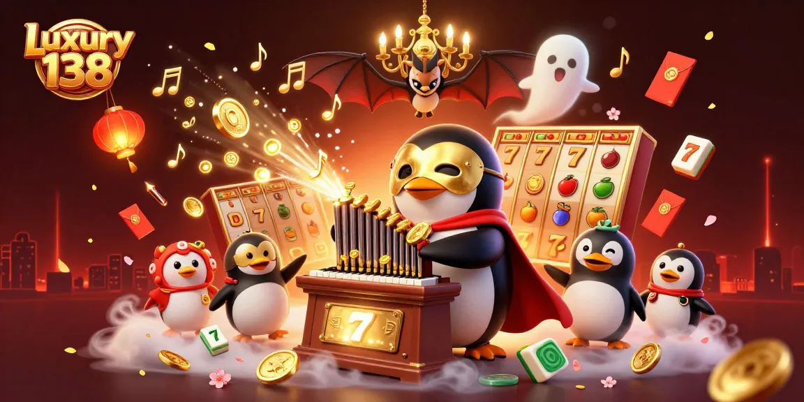 Experience thrilling gameplay with Luxury 138 as the phantom penguin entertains with golden coins and slot reels.