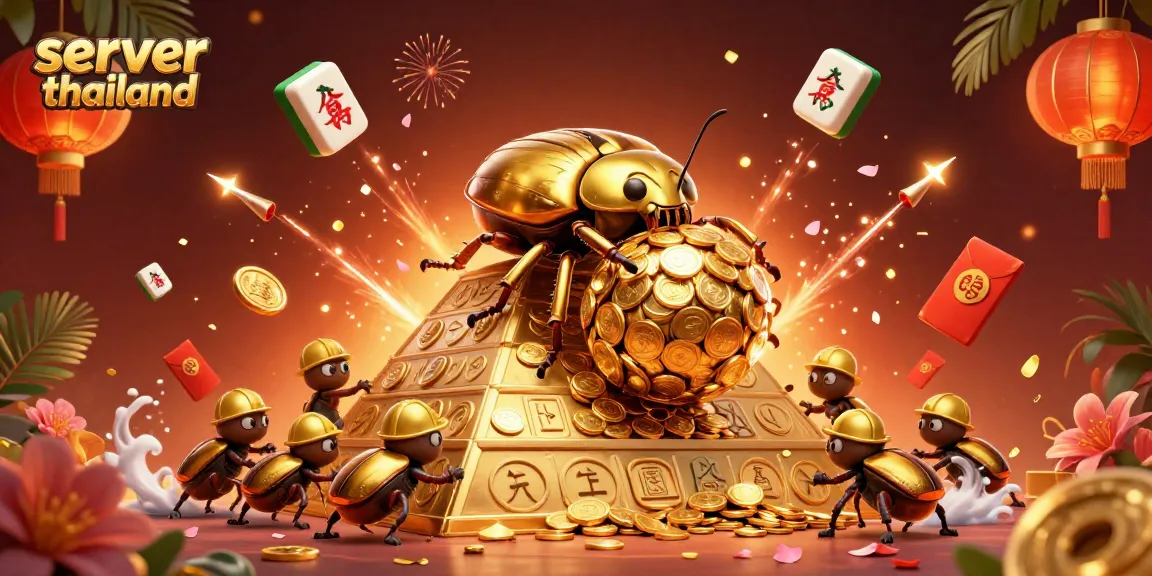 Engage in exciting wins with server thailand, featuring a golden dung beetle and vibrant slot elements.