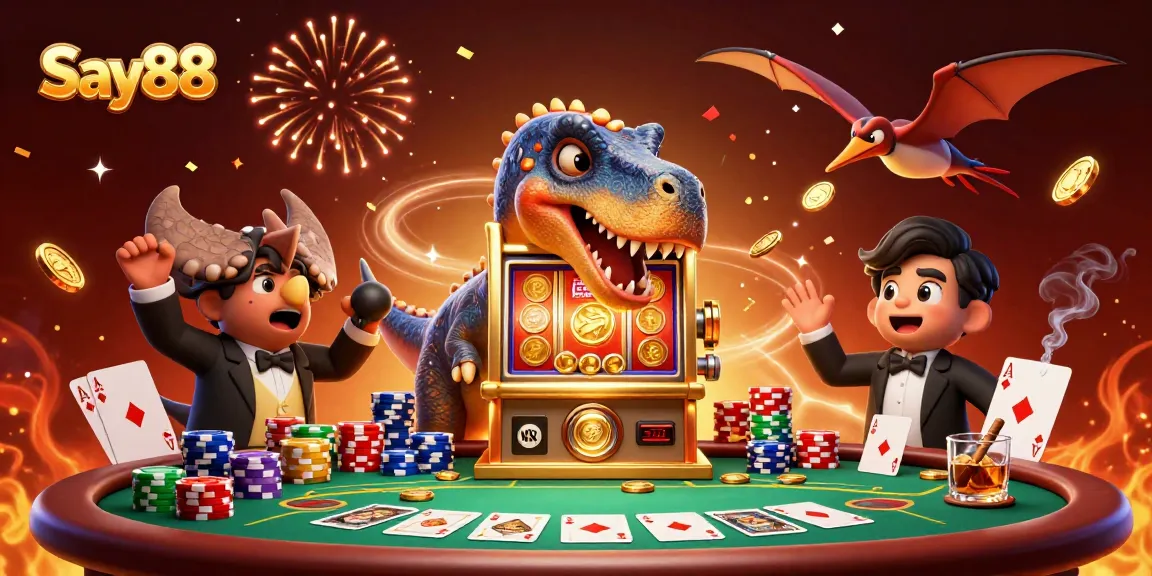 Say88 showcases a thrilling casino scene with a cartoon dinosaur celebrating a jackpot win.