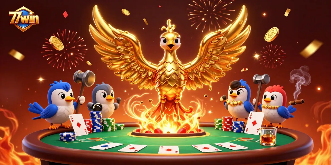 Join the thrilling experience at 77win with a golden phoenix and poker excitement.