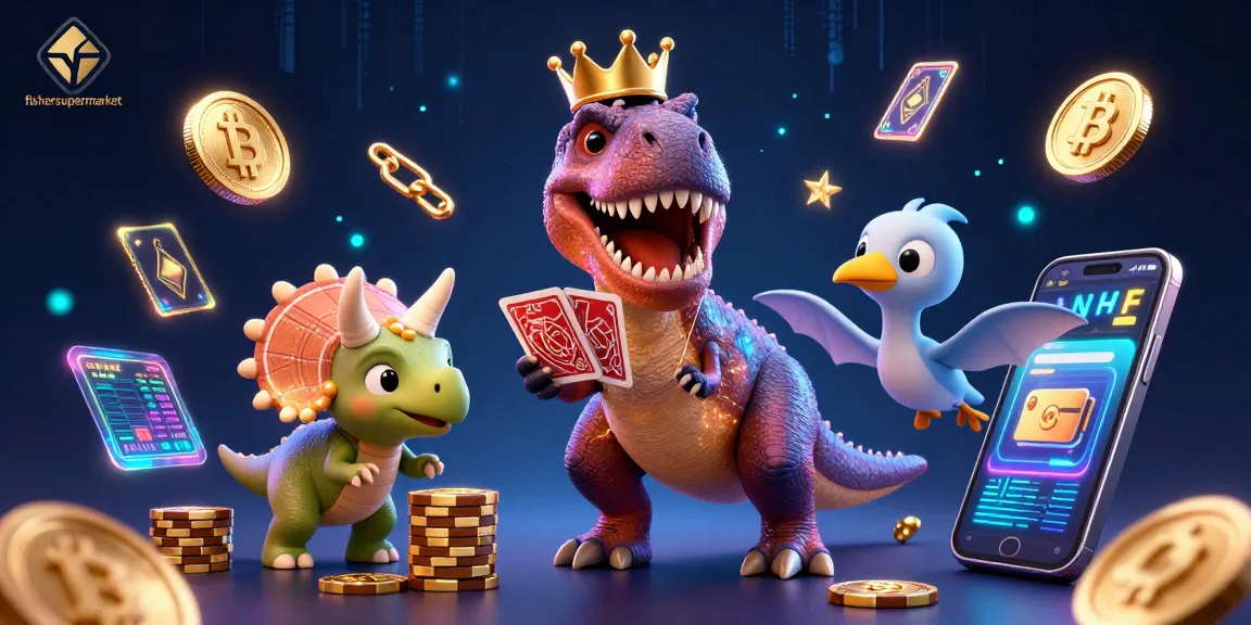 Play your winning hand at fishersupermarket with T-Rex card shuffling and vibrant gaming elements.
