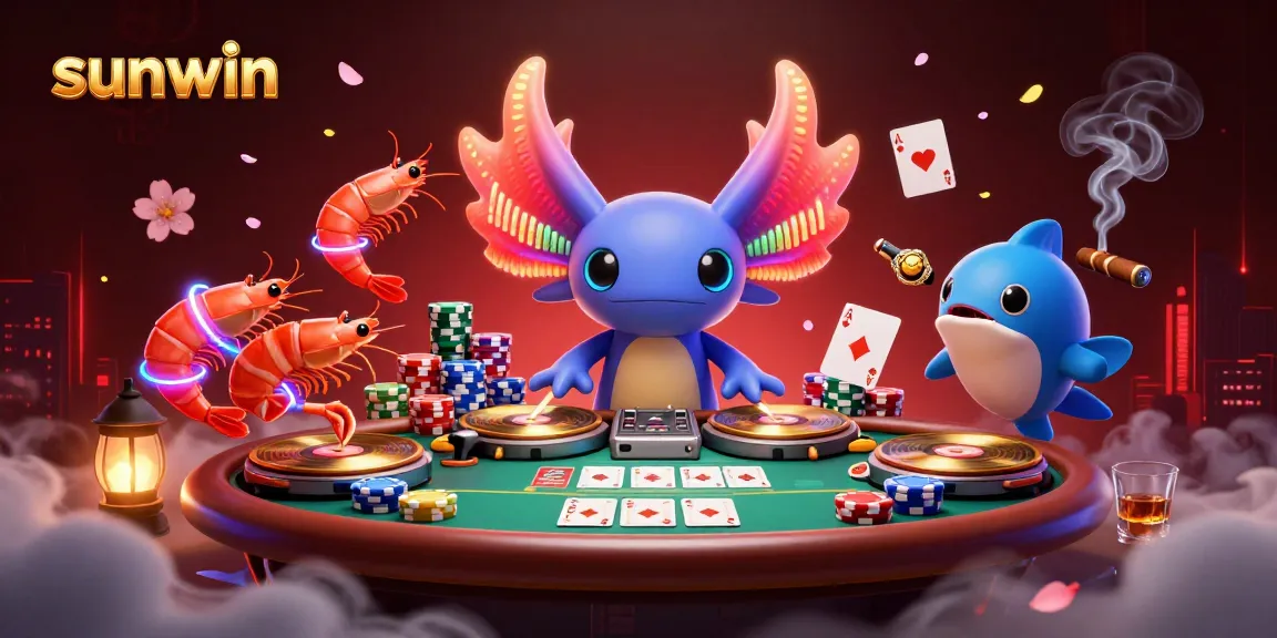 Experience dynamic gameplay at sunwin with a vibrant axolotl DJ and poker elements.