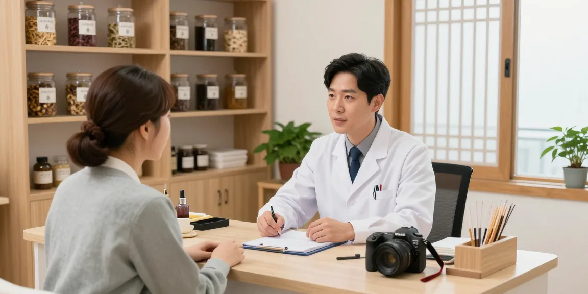 Consultation at 수원한의원 with healthcare professional discussing treatment options in a warm, inviting atmosphere.
