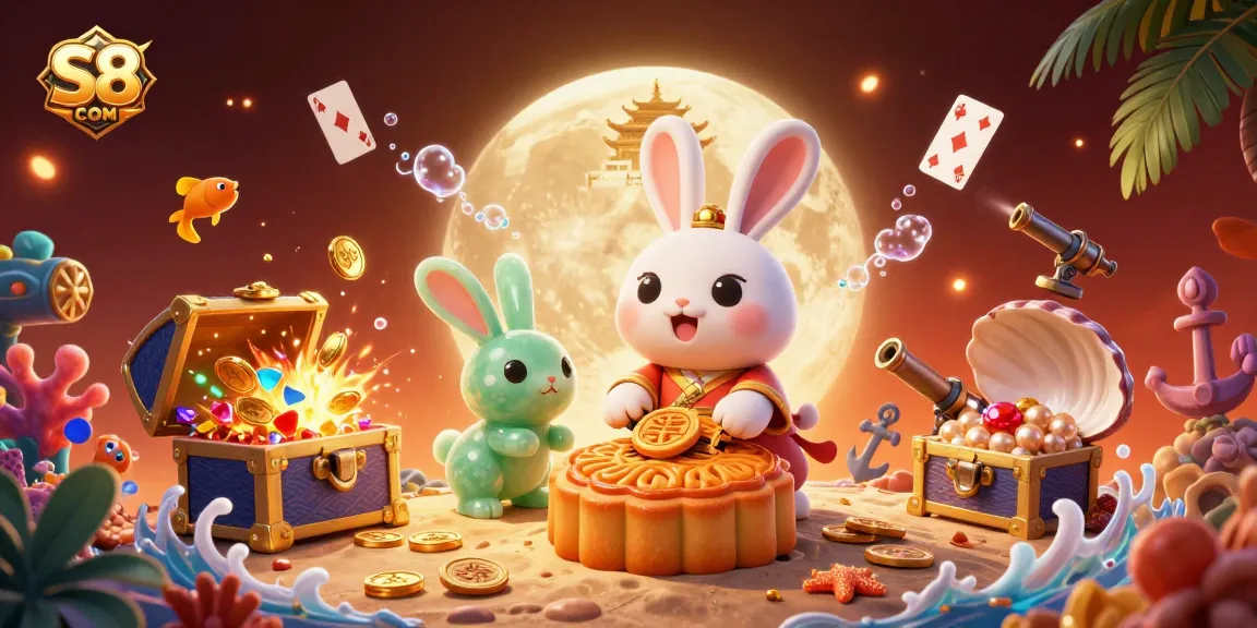 Engage with S8 COM's thrilling moon-themed casino scene featuring a magical rabbit and treasures.
