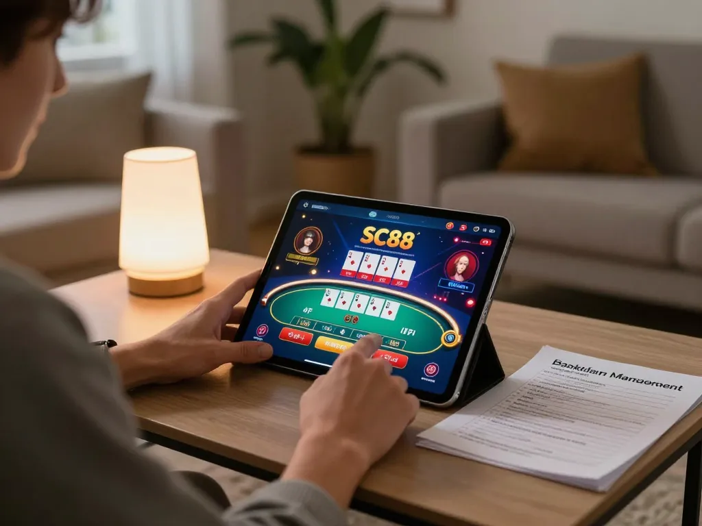 Engaged player using SC88 app on tablet for strategic online betting in a cozy living room setting