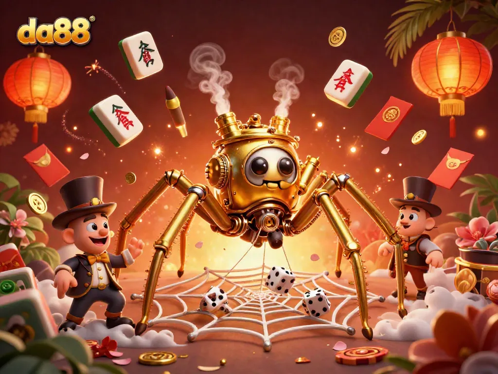 Engage with da88's stunning online gambling world depicted through a vibrant 3D illustration of a casino spider.