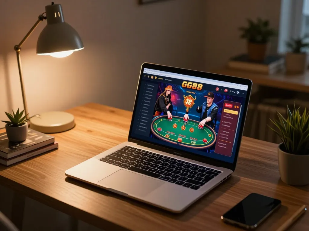 Engaging online poker action on GG88 platform, showcasing modern home gaming setup with laptop