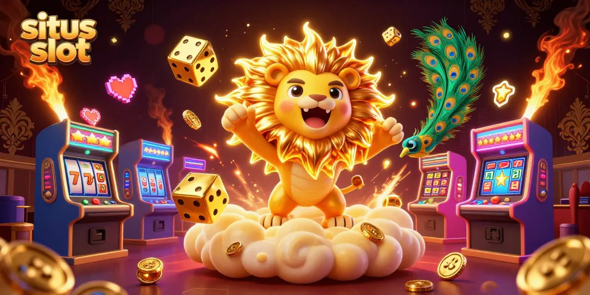 Experience situs slot excitement with 3D cartoon lion and golden dice in a rich casino scene.