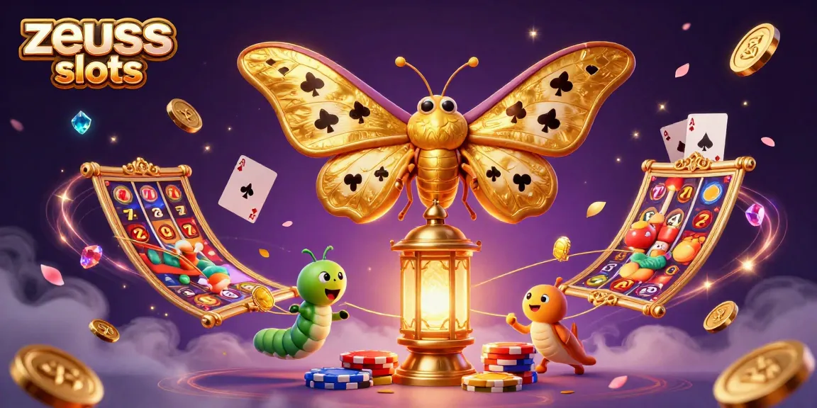 Experience the thrill with zeus slots as golden moths flutter around dynamic casino elements.