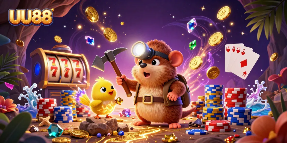 UU88 treasure hunter mole mining golden gems in a vibrant casino scene.