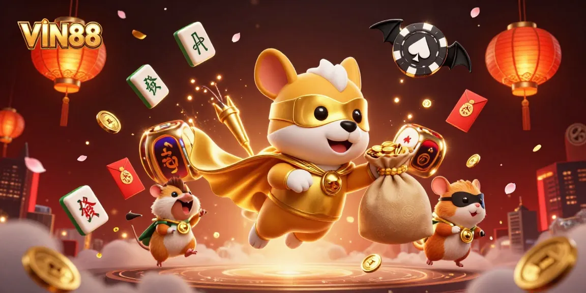 Experience the exciting action at VIN88 with a vibrant scene of a superhero dog flying through a dynamic casino environment.
