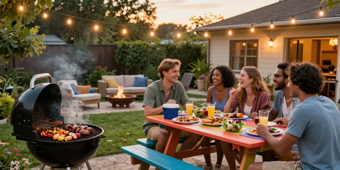 Barbecue halaman belakang dengan kebersamaan merayakan BOS 88 dengan hidangan segar, suasana ceria dan santai.
