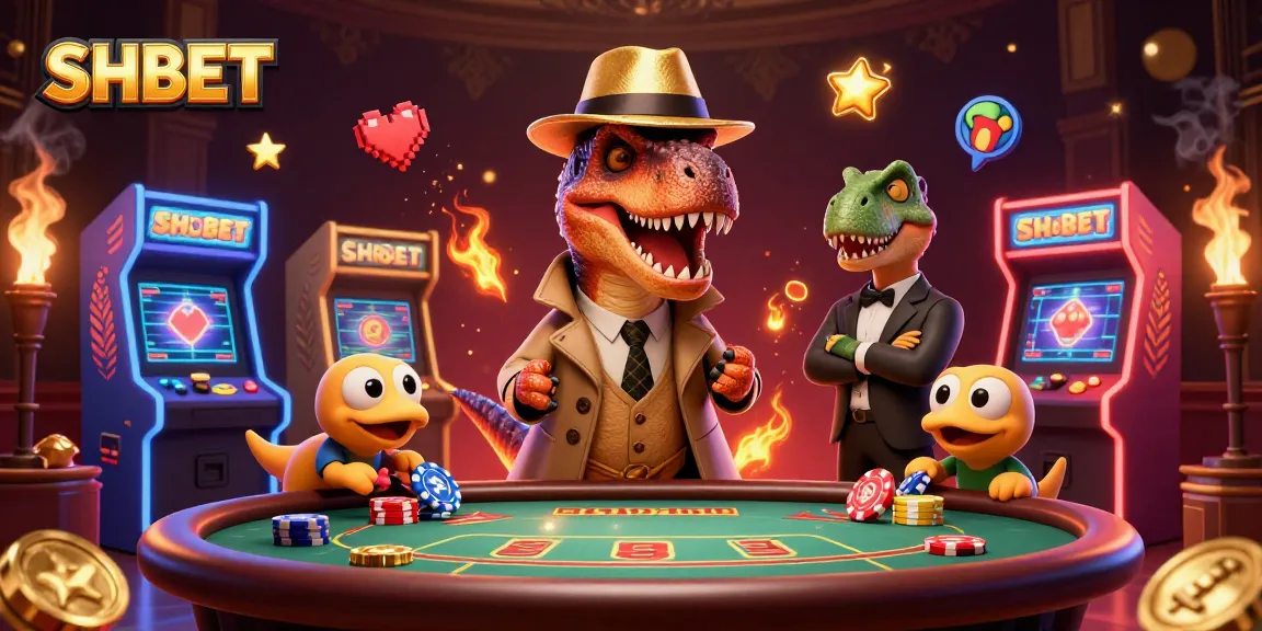 Engage with SHBET's thrilling casino experience featuring dynamic characters in a colorful gaming scene.