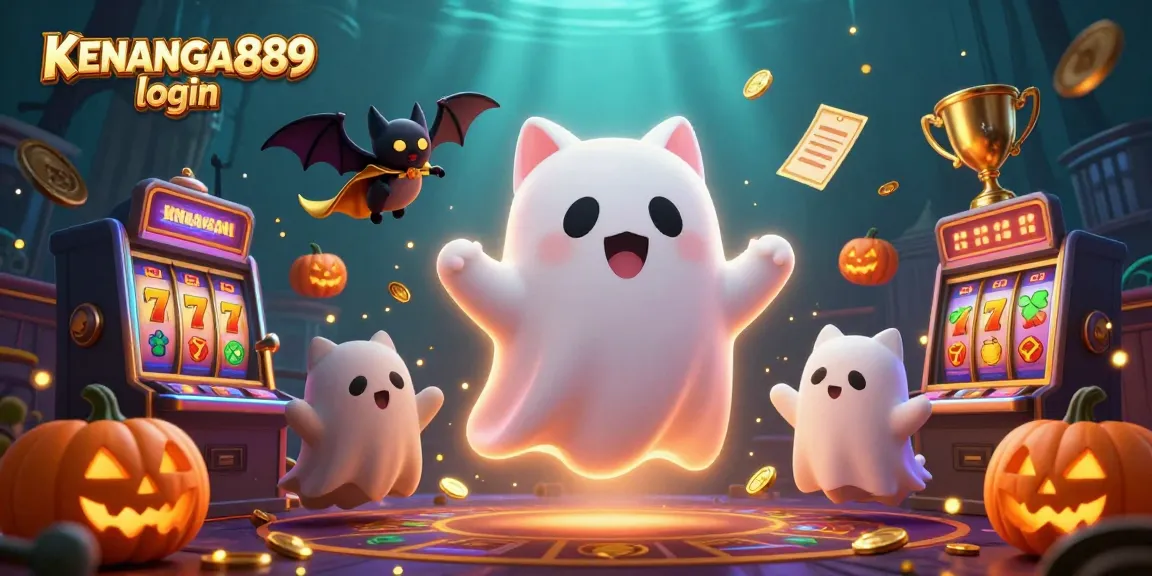 Spin the reels at KENANGAN889 login with a vibrant casino scene featuring ghostly characters and glowing elements.