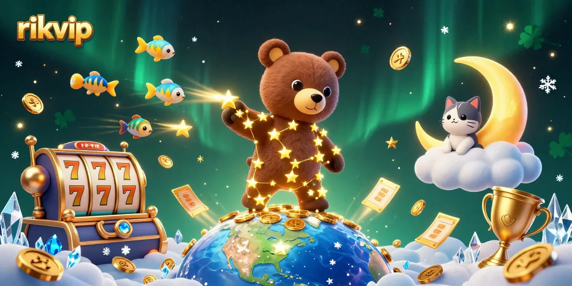 Experience thrilling wins with rikvip's vibrant casino scene filled with golden stars and slot reels.