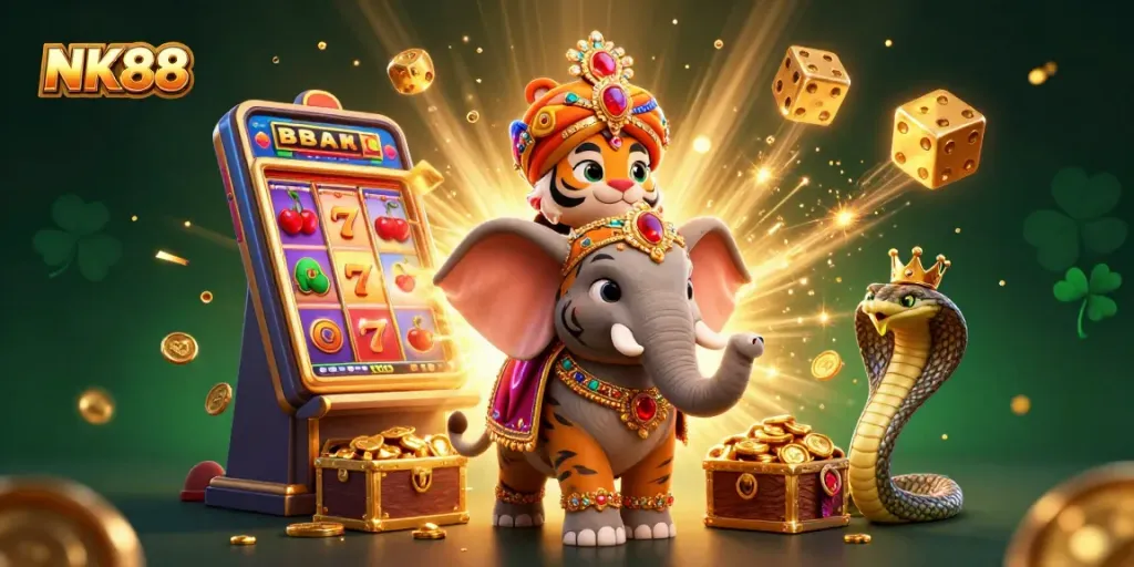Experience NK88's vibrant casino scene with a royal tiger and elephant amidst bursting jackpots.