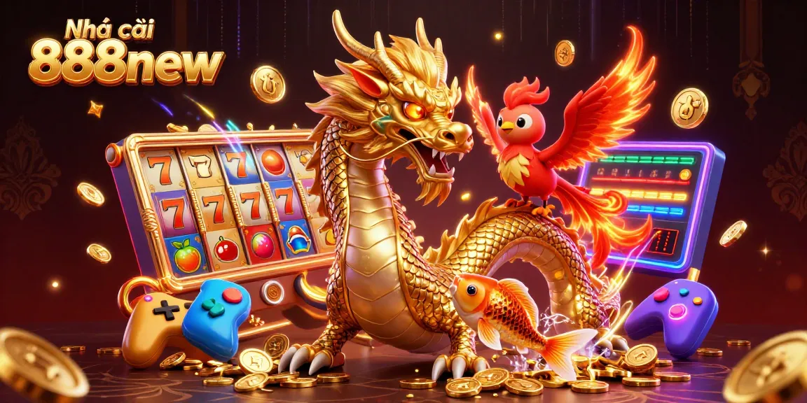 Engage in thrilling gameplay at Nhà cái 888new with a captivating golden dragon and phoenix in a dynamic casino scene.