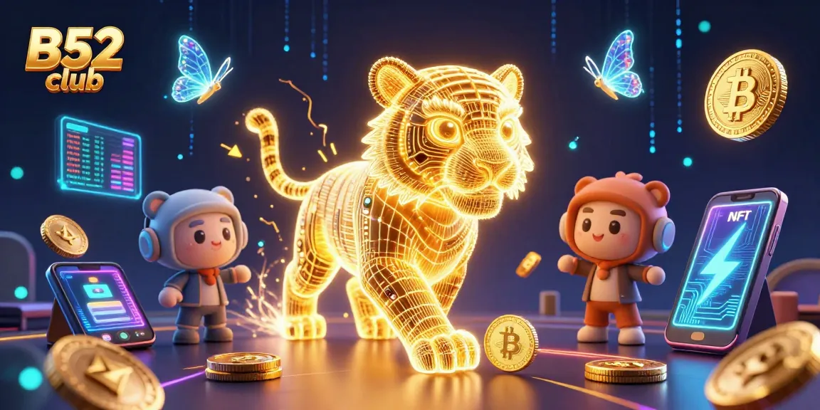 B52 club players enjoying a vibrant casino experience with 3D characters and crypto elements.
