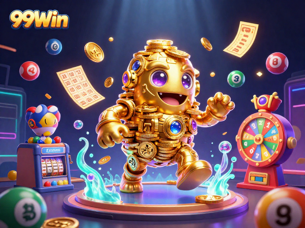 Engage in thrilling gameplay at 99Win with dynamic lottery elements and golden golem symbols.