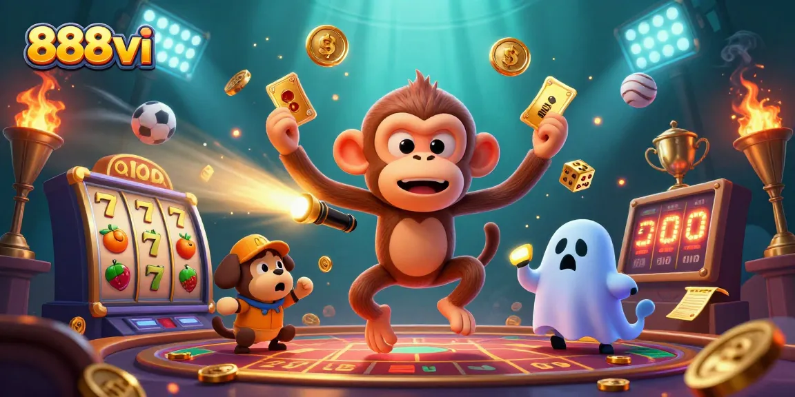 Experience exhilaration at 888vi with a whimsical casino scene featuring a mischievous monkey and a ghost hunter puppy.