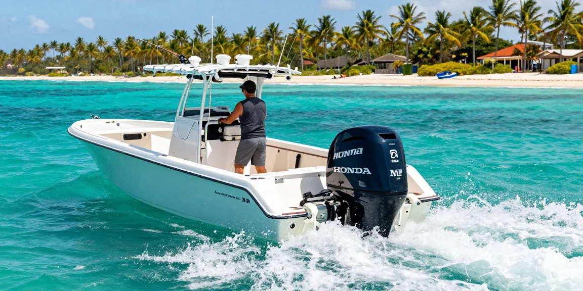 A skilled boat operator navigating a Honda outboard motorboat through turquoise waters, showcasing vibrant coastal life.