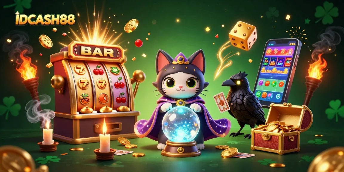 Engage in vibrant casino gameplay with IDCASH88 amidst 3D fortune teller characters and a jackpot explosion.