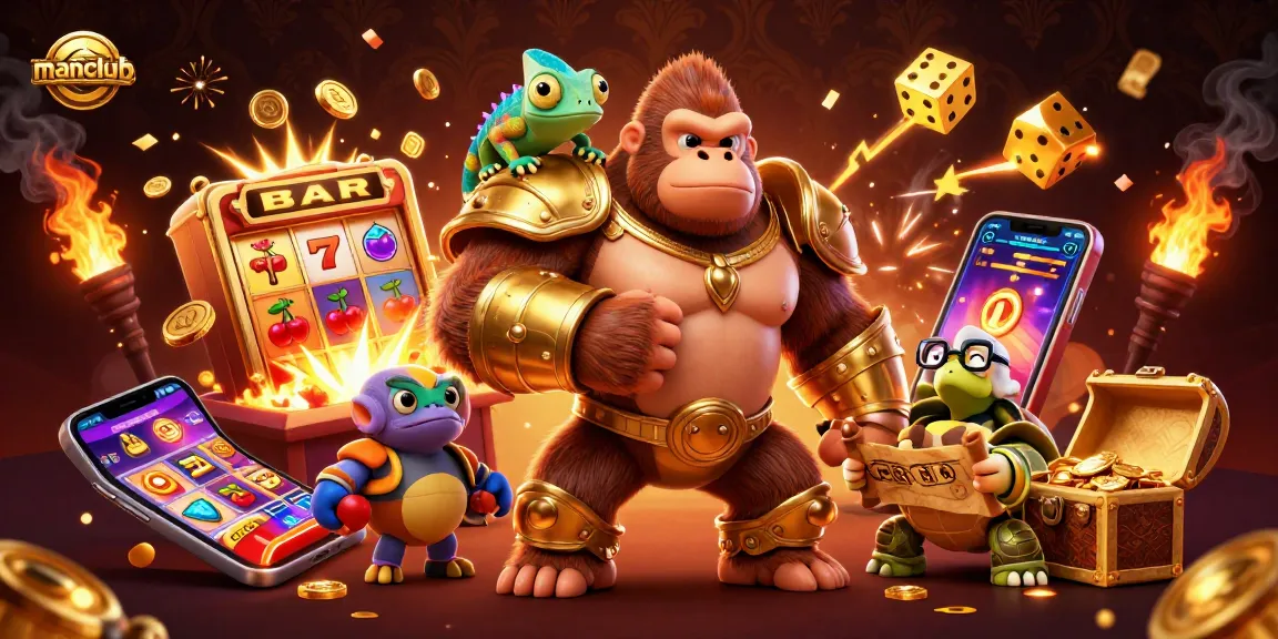 Experience the excitement of Manclub with animated characters and a jackpot scene of spinning slots.