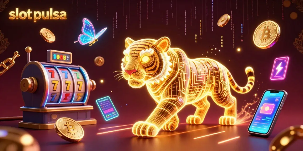 Experience the thrill of slot pulsa with vibrant visual elements depicting slots, crypto coins, and neon energy.