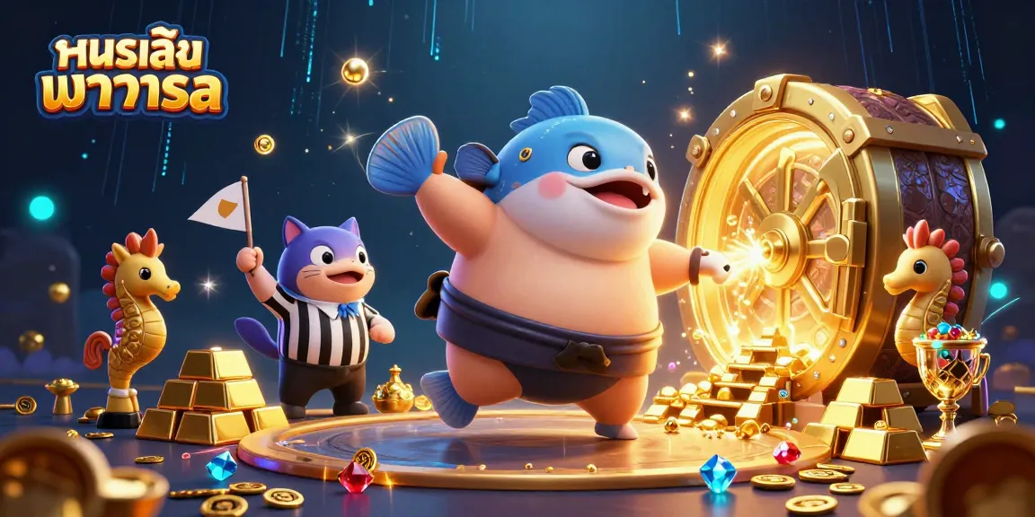 Play ทดลองเล่นบาคาร่าsa with fugu fish, catfish referee, and seahorse fans in a vibrant underwater casino.