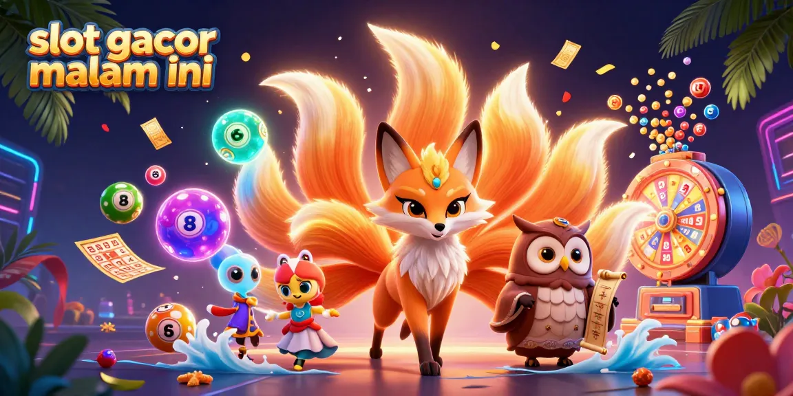 Engaging scene of slot gacor malam ini featuring a colorful nine-tailed fox and wise owl amidst vibrant lottery elements.