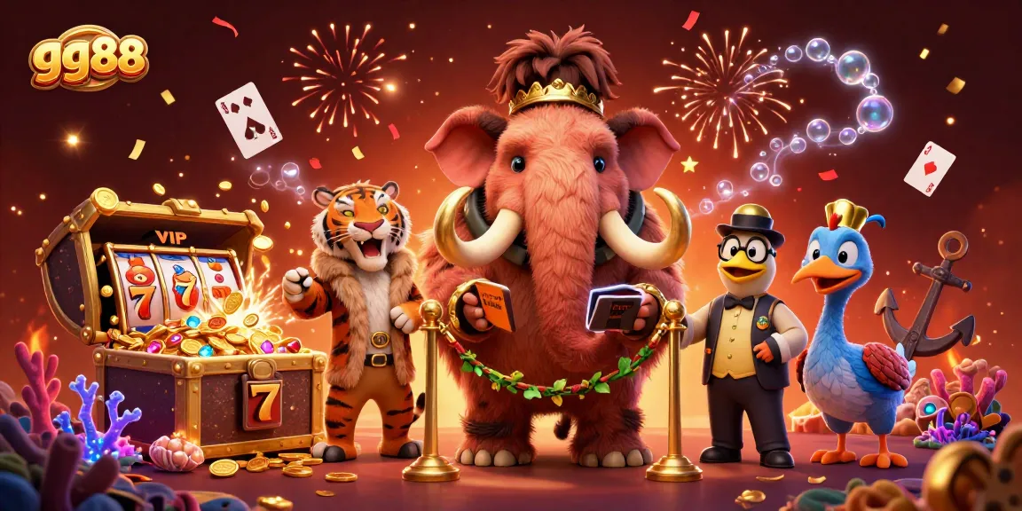 Engage with gg88's vibrant gaming scene featuring dynamic characters, slot elements, and rich decorations.