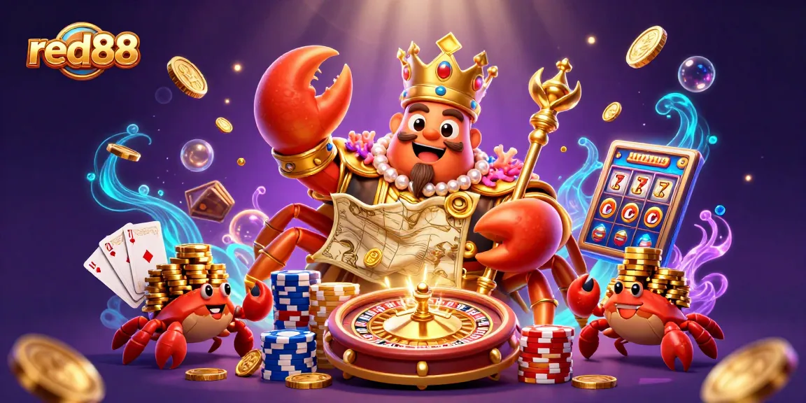 Join the excitement at red88 with a golden crab emperor ruling amidst thrilling casino treasures.