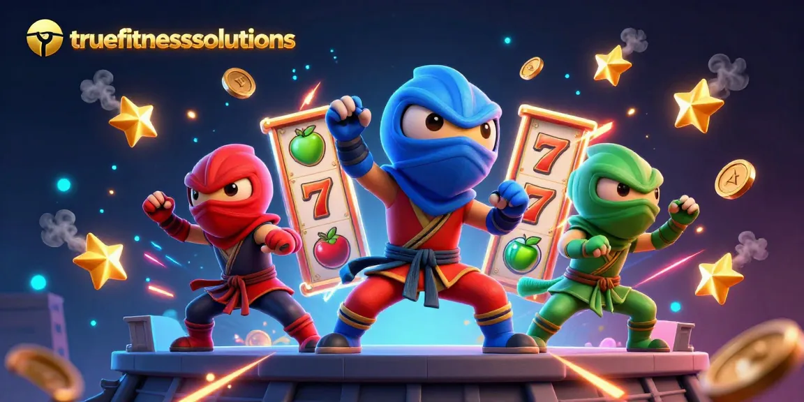 truefitnesssolutions showcases a colorful casino scene with chameleon ninjas and slot reels for thrilling online gaming.