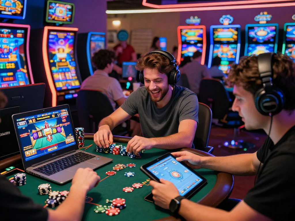 Scene di gioco online dinamica con casino non aams e giocatori coinvolti in attività virtuali.