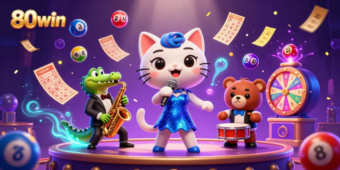 Engage in exciting gaming action at 80win with colorful elements and vibrant casino-themed characters.