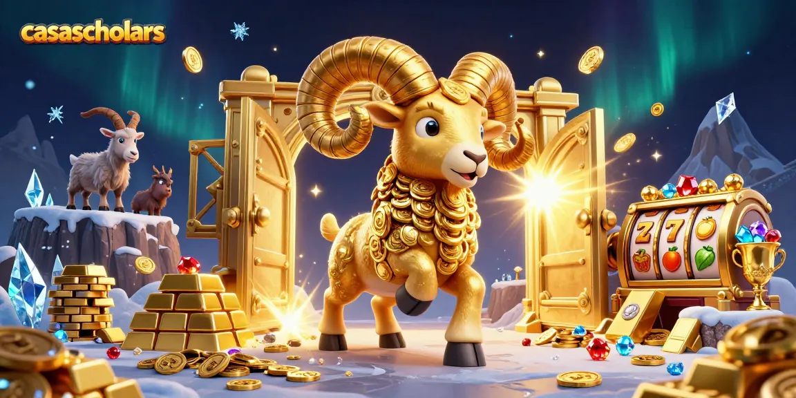 casascholars features a golden ram charging through a casino atmosphere filled with riches and slot elements.