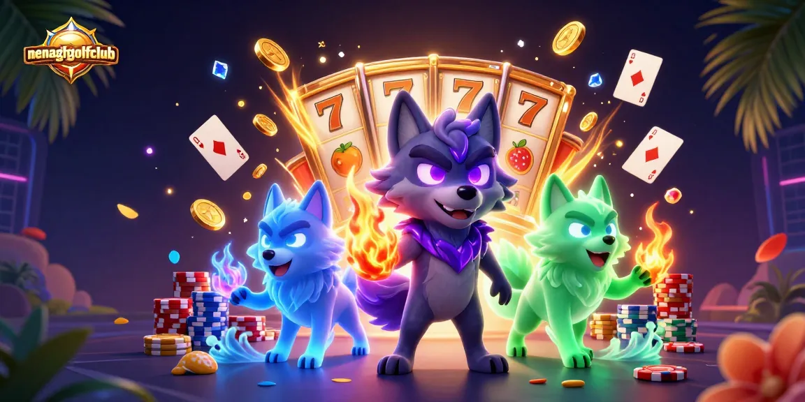 Nenaghgolfclub celebrates with vibrant slot reels and glowing wolf characters amidst flying coins and gems.