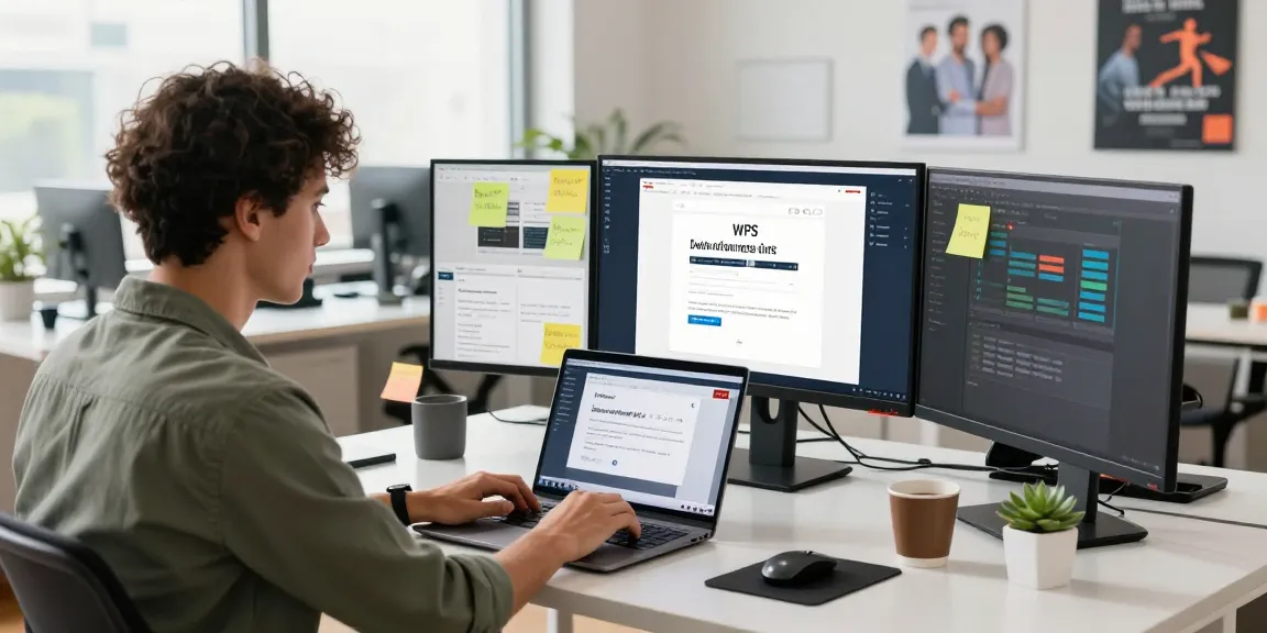 Engaged user on laptop downloading WPS software in a bright tech office environment.
