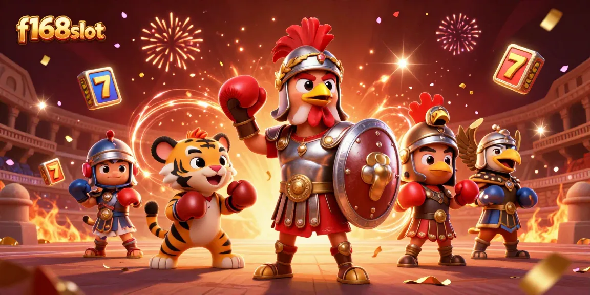 Experience thrilling gameplay at f168slot with a rooster in armor sparring with joy, surrounded by slot elements.
