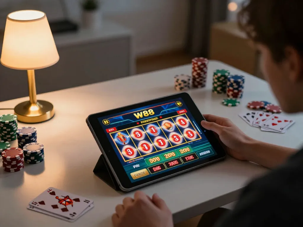 Player engaging with W88 online casino on tablet, enjoying vibrant gaming experience